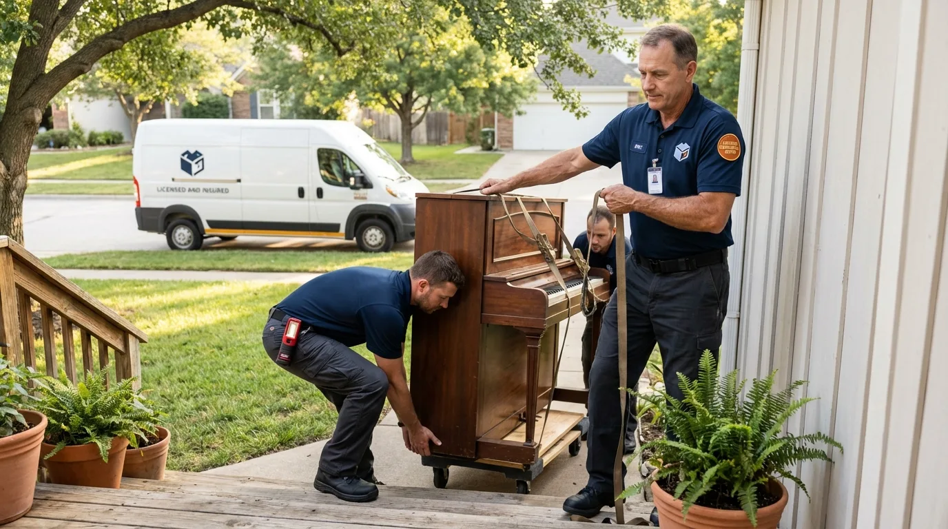 Licensed piano movers securing grand piano in Crimora, VA