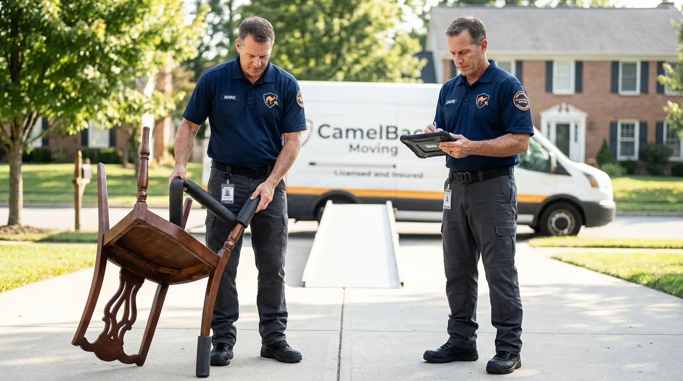 Movers inspecting furniture for damage prevention before loading in Crimora, VA