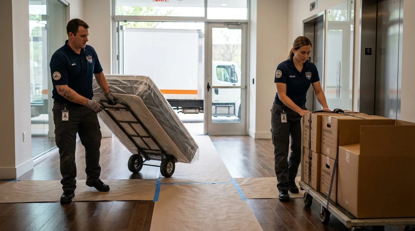 Professional apartment movers loading elevator in Crimora, VA